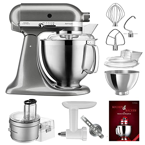 KitchenAid Küchenmaschine Artisan - P24 Food Processor Set Spezial 185er (K) - 5KSM185PSEMS inkl. Food Processor Vorsatz (5KSM2FPA), Fleischwolf Kunststoff (5KSMFGA) und Kochbuch (Kochen & Backen) von KitchenAid