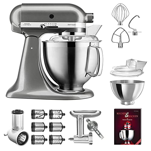 KitchenAid Küchenmaschine - P21 Profi Set Deluxe 185er (NM) - 5KSM185PSEMS inkl. Gemüseschneider (5KSMVSA), Zusatztrommeln (5KSMEMVSC), Fleischwolf Metall (5KSMMGA) und Kochbuch (Kochen & Backen) von KitchenAid