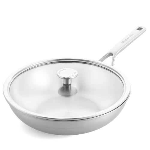 KitchenAid MultiPly 3PLY Stainless Steel PFAS-freier Wok mit Glasdeckel, 28 cm/3,57 L, Dreifach, Multiclad, Induktion, Backofenfest bis 220°C, Spülmaschinenfest, Silber von KitchenAid