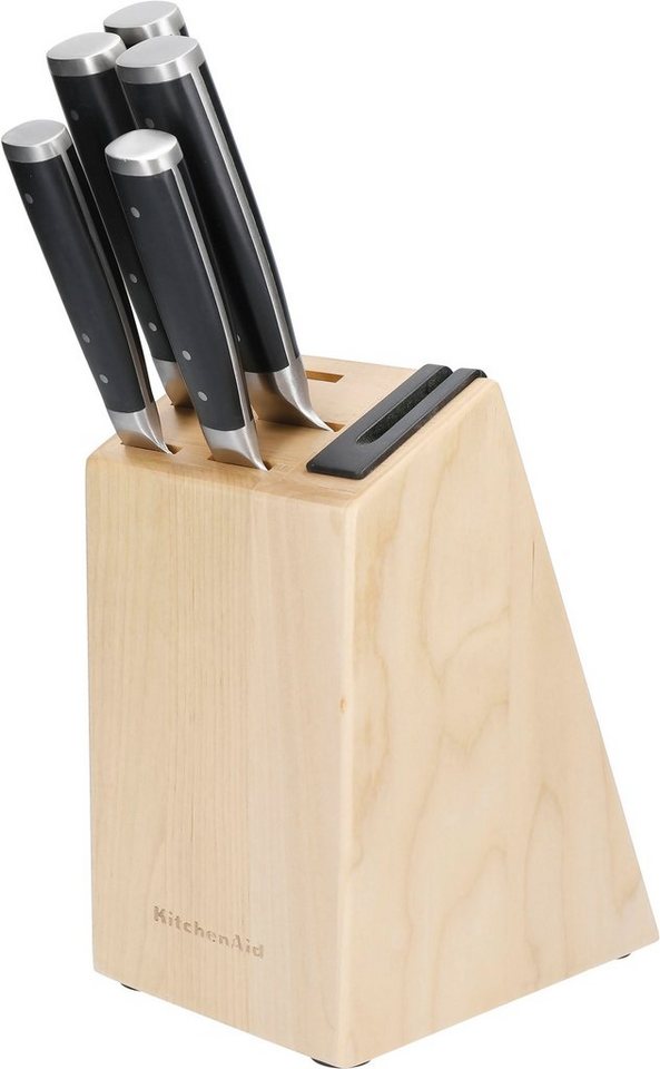 KitchenAid Messerblock Gourmet (5tlg), Messer japanischer Stahl, integrierter Messerschärfer, Birkenholzblock von KitchenAid