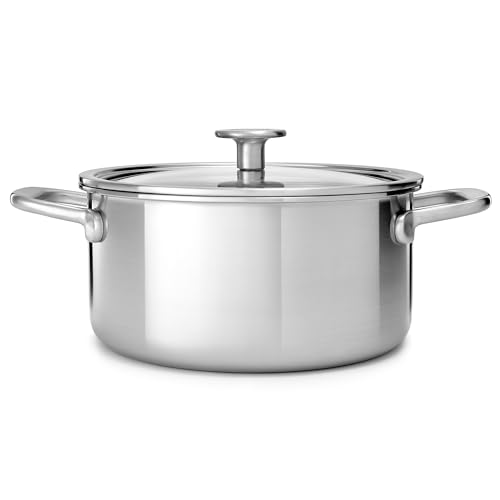 KitchenAid MultiPly 3PLY PFAS-freie Edelstahlkasserolle mit Glasdeckel, 24 cm/4,9 L, Triply, Multiclad, Induktion, Backofenfest bis 220°C, Spülmaschinenfest, Silber von KitchenAid