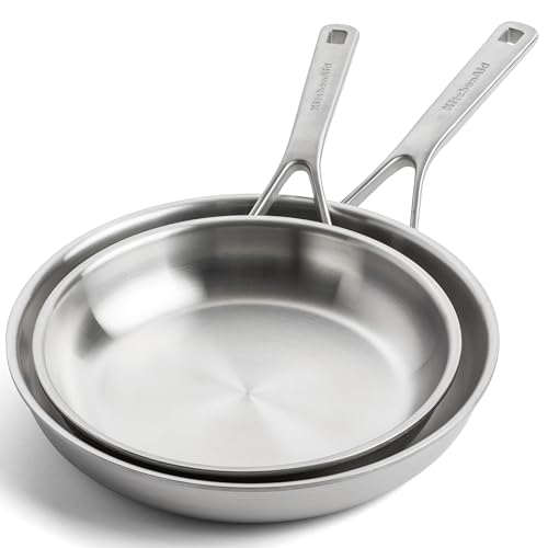 KitchenAid MultiPly Stainless Steel PFAS-freies Keramik-Antihaft-Pfannenset aus Edelstahl, 2-teilig, 24 cm und 28 cm, Triply, Mehrschichtig, Induktion, Backofenfest bis 220°C,Spülmaschinenfest,Silber von KitchenAid