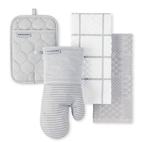 KitchenAid Ofenhandschuh, Topflappen, Küchentuch aus gestepptem Baumwoll-Frottee, hitzebeständig, Silikongriff, 40,6 x 66 cm, 17,8 x 33 cm und 17,8 x 25,4 cm, 4-teiliges Set, Mattes Grau von KitchenAid