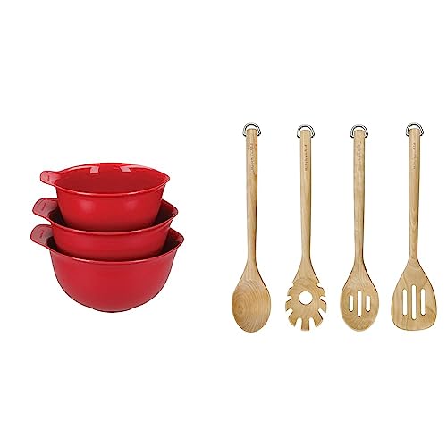 KitchenAid Rührschüsseln 3er-Set - Empire Rot + 4er-Set Birkenholz Zubehörset von KitchenAid