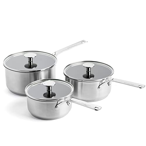 KitchenAid Stainless Steel Stielkasserollen-Set, 16cm, 18cm & 20cm, 3-lagige Antihaftbeschichtung, Mehrfach Verkleidet, Induktionsgeeignet,Backofenfest,Spülmaschinenfest,Cool Bleiben Handgriff,Silber von KitchenAid