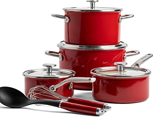 KitchenAid Steel Core Enamel 10-teiliges Kochgeschirr-Set mit Deckeln, deutsche Emaille, Induktionsgeeignet, backofenfest, spülmaschinenfest, Empire Rot von KitchenAid