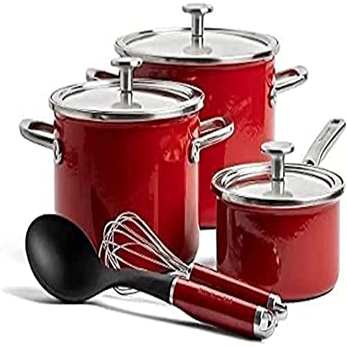 KitchenAid Steel Core Enamel 8-teiliges Kochgeschirr-Set mit Deckeln, deutsche Emaille, Induktionsgeeignet, backofenfest, spülmaschinenfest, Empire Rot von KitchenAid