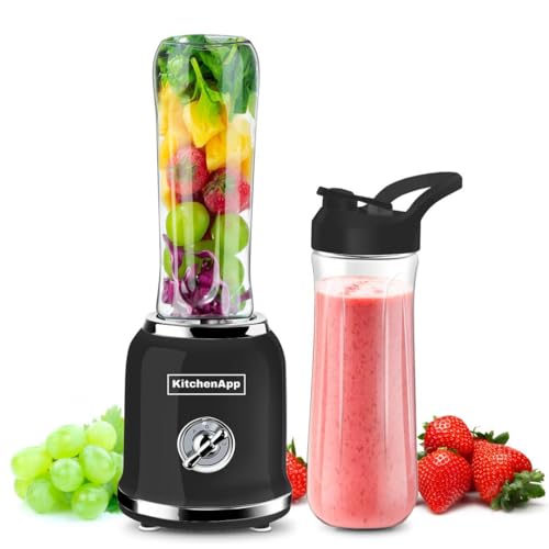 Kitchenapp | Retro-Nährstoffmixer zum Mitnehmen | 300 W BPA-freier Smoothiemaker | Tragbarer Mixer für Smoothies | Elektrischer Hochleistungs-Protein-Shaker | Farbe: Schwarz | Zwei Flaschen enthalten von KitchenApp
