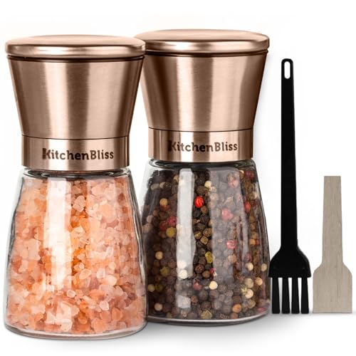 Kitchen Bliss Premium Kupfer Edelstahl Salz- und Pfeffermühlen-Set - Kurze Glasstreuer - Einstellbare Grobheit Mühlen - Nachfüllbar mit Himalaya-Salz, schwarzem Pfeffer - 2er-Set von KitchenBliss