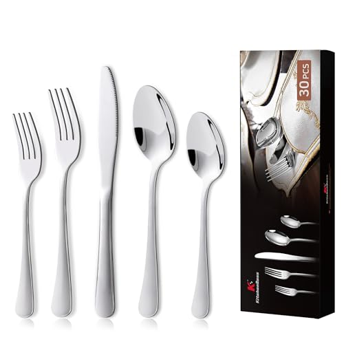 KitchenBoss Besteck Set 6 Personen: Besteckset 30 Teilig, Cutlery Set, Edelstahl Besteck, Essbesteck, Spülmaschinenfest Silber von KitchenBoss