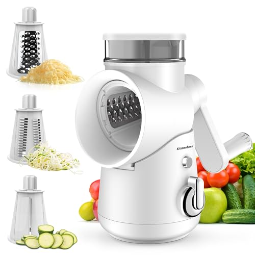 KitchenBoss Gemüseschneider Manuell,Mandoline Gemüsehobel:Käsereibe,Trommelreibe 3 in 1,Geeignet für viele Arten von Gemüse und Obst,Enthält 3 Arten von Klingen aus rostfreiem Stahl,mit Kurbel,Weiß von KitchenBoss