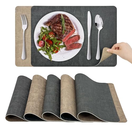 KitchenBoss Platzsets Abwaschbar Tischsets Abwaschbar: Platzdeckchen 6er Set Hitzebeständig Tischset rutschfest Doppelseitigen Platzset (Grau Aprikose) 43x30cm von KitchenBoss