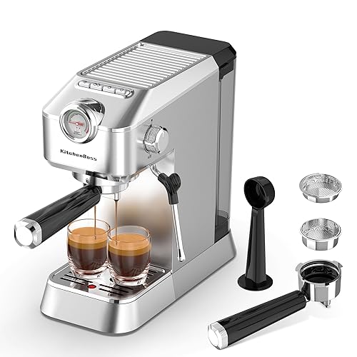 KitchenBoss Professionelle Siebträgermaschine Espressomaschine Siebträger: Espresso mit Milchaufschäumer, Kaffeemaschine 15 Bar, mit 1.2L Wassertank von KitchenBoss