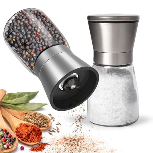KitchenBoss Salz und Pfeffermühle 2er Set：Gewürzmühle Einstellbar Salzmühle für Grobes Salz, Salt and Pepper Grinder mit Keramikmahlkern, für Salz, Pfeffer, Chilli (Unbefüllt) von KitchenBoss
