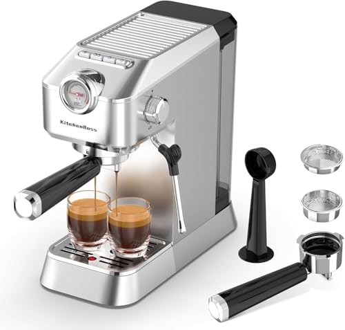 KitchenBoss Siebträgermaschine Espressomaschine Siebträger: Espresso mit Milchaufschäumer, Kaffeemaschine 15 Bar, mit 1.2L Wassertank von KitchenBoss