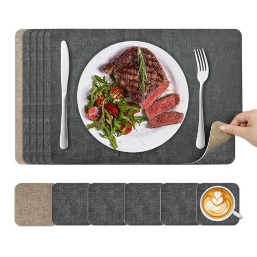 KitchenBoss Tischsets Abwaschbar Platzdeckchen und Untersetzer：6 Set Platzsets Abwaschbar rutschfest Hitzebeständig Doppelseitigen Tischset mit PVC Esszimmer (Grau Aprikose) 43x30cm von KitchenBoss