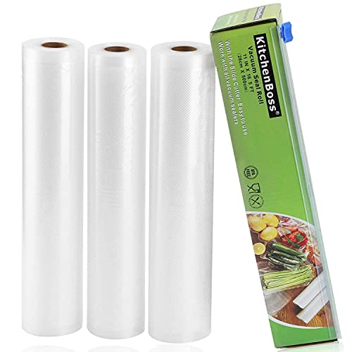 KitchenBoss Vakuumbeutel für Lebensmittel, 3 Rollen 28 x 500 cm, insgesamt 15 m, keine Schere mehr, Rollen geprägt, zur Aufbewahrung von Lebensmitteln und zum Kochen von Sous Vide von KitchenBoss