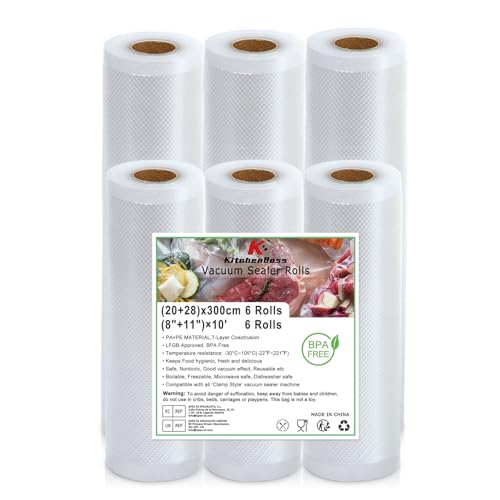 KitchenBoss Vakuumierbeutel 6 Rollen 20/28 x 300cm：Vakuumierfolie für Vakuumierer & Sous Vide, Vakumierfolienrollen BPA-Free, Vakuumierer Beutel Kochfest, vakuumbeutel lebensmittel Reusable von KitchenBoss