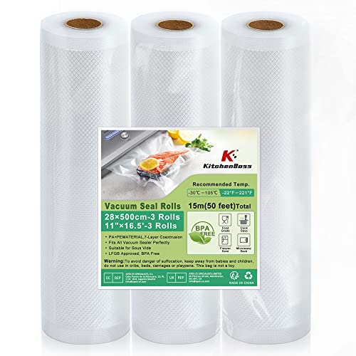 KitchenBoss Vakuumbeutel Lebensmittel Vakumierfolienrollen Vakumiererbeutel Vakuumierfolie：Vakuumierbeutel Folienrollen für Vakuumierer Und Sous Vide BPA-Frei Einschweissbeutel 28x500cm 3 Rollen von KitchenBoss