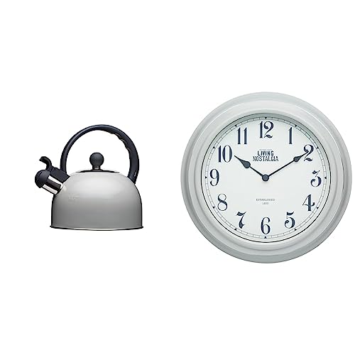 Kitchen Craft Set: Living Nostalgia pfeifender Wasserkessel, für Induktionskochfeld, Metall, 1.3L, Grau + KitchenCraft Living Nostalgia analoge Wanduhr, Grau, 25,5 cm von Kitchen Craft