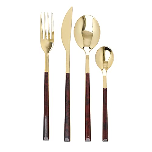 Mikasa Besteck Set, Goldfarbenes Essbesteck aus Schildplattimitat und Edelstahl Edelstahl, Gabeln, Messer und Löffel - 16er Set von MIKASA