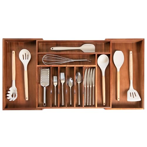 KitchenEdge Hochwertiger Besteck- und Utensilien-Organizer für Küchenschubladen, lebensmittelechte Vertragsqualität, erweiterbar von 45,7 bis 83 cm, natürliche Akazie von KitchenEdge