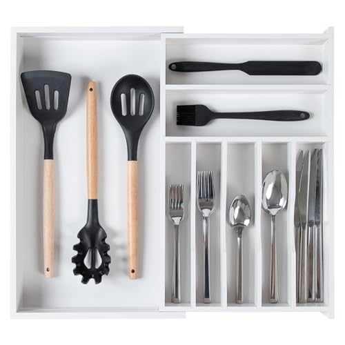 KitchenEdge Hochwertiger Besteck- und Utensilien-Organizer für schmale Küchenschubladen, erweiterbar 26,7 bis 48,3 cm, 9 Ablagefächer, rutschfeste Füße, lebensmittelecht, weißes Finish, 100% von KitchenEdge