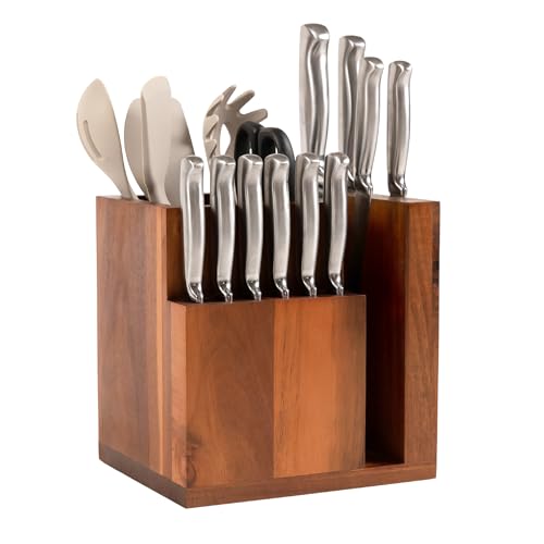 KitchenEdge Magnetischer Akazienblock für Messer und Küchenutensilien, elegante Aufbewahrung für Kochmesser, Steakmesser, Spatel, Schere, rutschfeste Gummifüße von KitchenEdge
