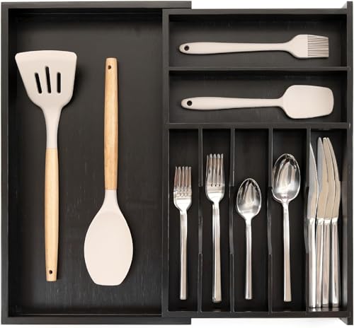 KitchenEdge Organiseur de qualité supérieure pour argenterie, couverts et ustensiles pour tiroirs de cuisine étroits, extensible de 26,7 à 48,3 cm, 9 compartiments de rangement, finition noire de von KitchenEdge