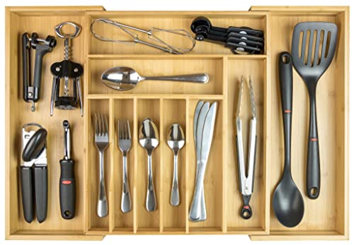 KitchenEdge Premium Besteck-, Besteck- und Utensilien-Organizer für Küchenschubladen, erweiterbar auf 63 cm Breite, 10 Fächer, 100% Bambus von KitchenEdge