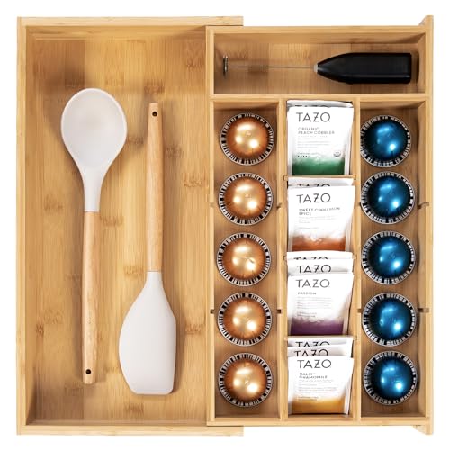 KitchenEdge Teebeutel und Kaffeekapsel Küchenschublade Organizer, erweiterbar 24,6 bis 43,2 cm, 10 Zubehörfächer mit verstellbaren Wandeinsätzen, rutschfeste Gummifüße, 100% nachhaltiges Bambusholz von KitchenEdge
