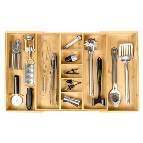 KitchenEdge Verstellbarer Küchenschublade Organizer für Utensilien und Junk, erweiterbar auf 71 cm breit, 9 Fächer, 100% Bambus von KitchenEdge