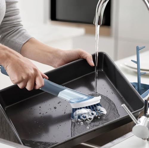 KitchenKare Spülbürste mit Spülmittelspender - Geschirrbürste, Kunststoff, Blau, Inkl. Hartborsten-, Schwamm-, Mikrofaser- und Feinreinigungs-Kopf von KitchenKare