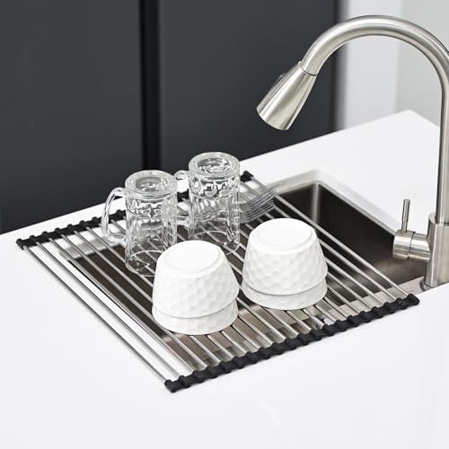 Abtropfgestell Geschirr 43x40cm | Faltbare Matte für das Waschbecken in der Küche | 304 Edelstahl/Silikon | Als Abtropf für die Küchenspüle (Schwarz) von KitchenRaku