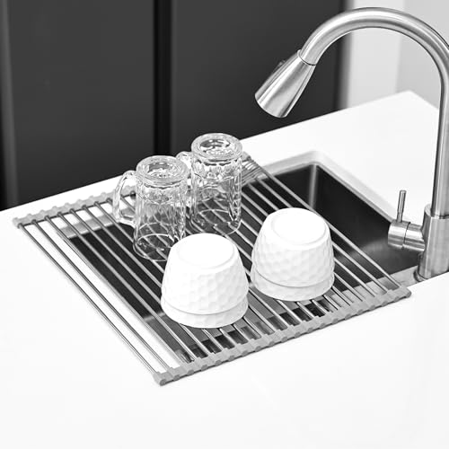 Abtropfgestell Geschirr | Faltbare Matte für das Waschbecken in der Küche | 304 Edelstahl/Silikon | Als Abtropf für die Küchenspüle (Grau, 43x40cm) von KitchenRaku
