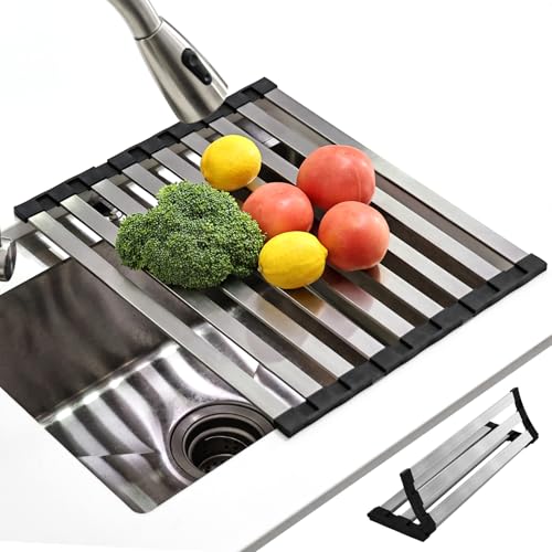 KitchenRaku Abtropfgestell Geschirr 42x32.5cm | Faltbare Matte für das Waschbecken in der Küche | 304 Edelstahl/Silikon | Als Abtropf für die Küchenspüle (Schwarz) von KitchenRaku