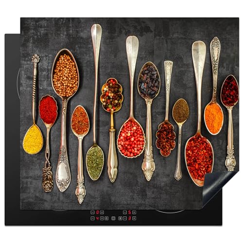 KitchenYeah© Herdabdeckplatte 57x51 cm Einteilig Ceranfeld Abdeckplatte Küche Deko Ceranfeldabdeckung Herdabdeckung Induktionsmatte Löffel - Beton - Kräuter - Gewürze von KitchenYeah