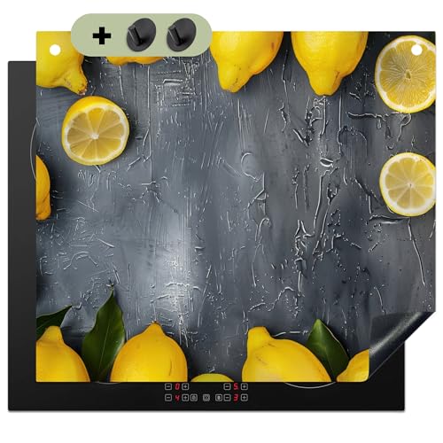 KitchenYeah© Herdabdeckplatte 57x51 cm Einteilig Ceranfeld Abdeckplatte für Induktionsschutz Ceranfeldabdeckung Vinyl Herdabdeckplatten, Spritzschutz Küche Beton - Zitrone - Grau - Gelb von KitchenYeah