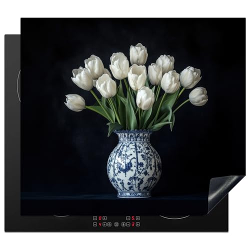 KitchenYeah© Herdabdeckplatte 57x51 cm Einteilig Ceranfeld Abdeckplatte für Induktionsschutz Ceranfeldabdeckung Vinyl Herdabdeckplatten Weiß - Blumen - Tulpen - Vase von KitchenYeah