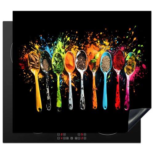 KitchenYeah© Herdabdeckplatte 57x51 cm Einteilig Herdabdeckung Abdeckplatte für Ceranfeld Abdeckung Induktionskochfeld Aufrollbare Matte Löffel - Gewürze - Modern - Graffiti - Farbenfroh von KitchenYeah