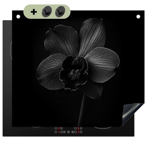 KitchenYeah© Herdabdeckplatte 57x51 cm Einteilig Küche Herdabdeckung Induktionsfeld Ceranfeld Herdabdeckplatten Vinyl Matte, Spritzschutz Küchenrückwand Schwarz - Blume - Orchidee von KitchenYeah