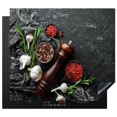 KitchenYeah© Herdabdeckplatte 57x51 cm Einteilig Küche Herdabdeckung Induktionsfeld Ceranfeld Herdabdeckplatten Vinyl Matte Aufrollbar Kräuter - Paprika - Knoblauch - Beton von KitchenYeah
