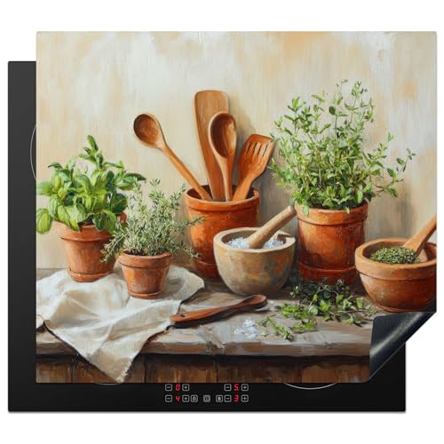 KitchenYeah© Herdabdeckplatte 58x51 cm Einteilig Ceranfeld Abdeckplatte für Induktionsschutz Ceranfeldabdeckung Vinyl Herdabdeckplatten Töpfe - Kräuter - Holz von KitchenYeah