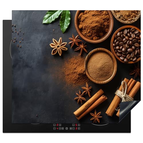 KitchenYeah© Herdabdeckplatte 58x51 cm Einteilig Induktionsmatte Küche Abdeckung Ceranfeld Herd Abdeckplatte Deko Vinyl Matte Aufrollbar Zimt - Beton - Kaffee - Zimtstangen - Gewürze von KitchenYeah