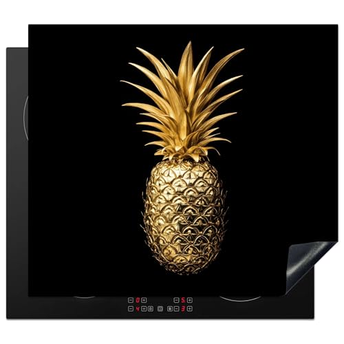 KitchenYeah© Herdabdeckplatte 58x51 cm Einteilig Küche Herdabdeckung Induktionsfeld Ceranfeld Herdabdeckplatten Vinyl Matte Aufrollbar Ananas - Schwarz - Gold - Luxe von KitchenYeah