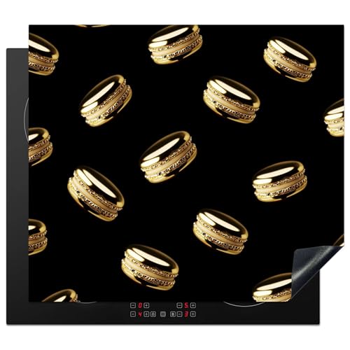 KitchenYeah© Herdabdeckplatte 58x51 cm Einteilig Küche Herdabdeckung Induktionsfeld Ceranfeld Herdabdeckplatten Vinyl Matte Aufrollbar Makronen - Muster - Gold - Schwarz von KitchenYeah