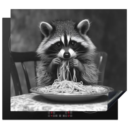 KitchenYeah© Herdabdeckplatte 59x51 cm Einteilig Abdeckplatten Cerankochfeld Abdeckung Ceranfeld Herdplattenabdeckung Induktionsmatte Waschbär - Niedlich - Pasta - Tischtuch - Schwarz - Weiß von KitchenYeah