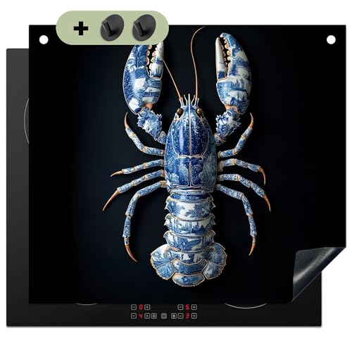 KitchenYeah© Herdabdeckplatte 59x51 cm Einteilig Herdabdeckung Abdeckplatte für Ceranfeld Abdeckung Induktionskochfeld, Spritzschutz Küchenrückwand Hummer - Delfter Blau - Teller - Zäh von KitchenYeah