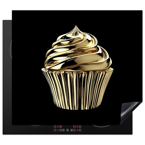 KitchenYeah© Herdabdeckplatte 59x51 cm Einteilig Herdabdeckung Abdeckplatte für Ceranfeld Abdeckung Induktionskochfeld Aufrollbare Matte Cupcake - Lebensmittel - Gold - Schwarz von KitchenYeah
