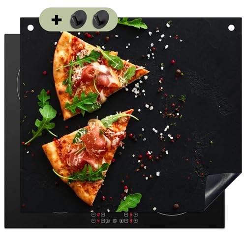 KitchenYeah© Herdabdeckplatte 59x51 cm Einteilig Küche Herdabdeckung Induktionsfeld Ceranfeld Herdabdeckplatten Vinyl Matte, Spritzschutz Küchenrückwand Pizza - Essen - Beton - Schwarz von KitchenYeah